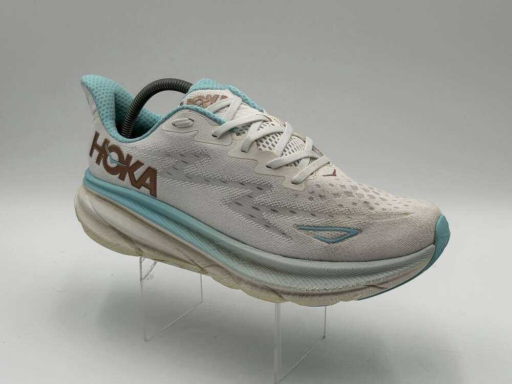 HOKA Clifton 9 Womens Size 10.5D Wide White Blue Athletic Running Shoes Comfort